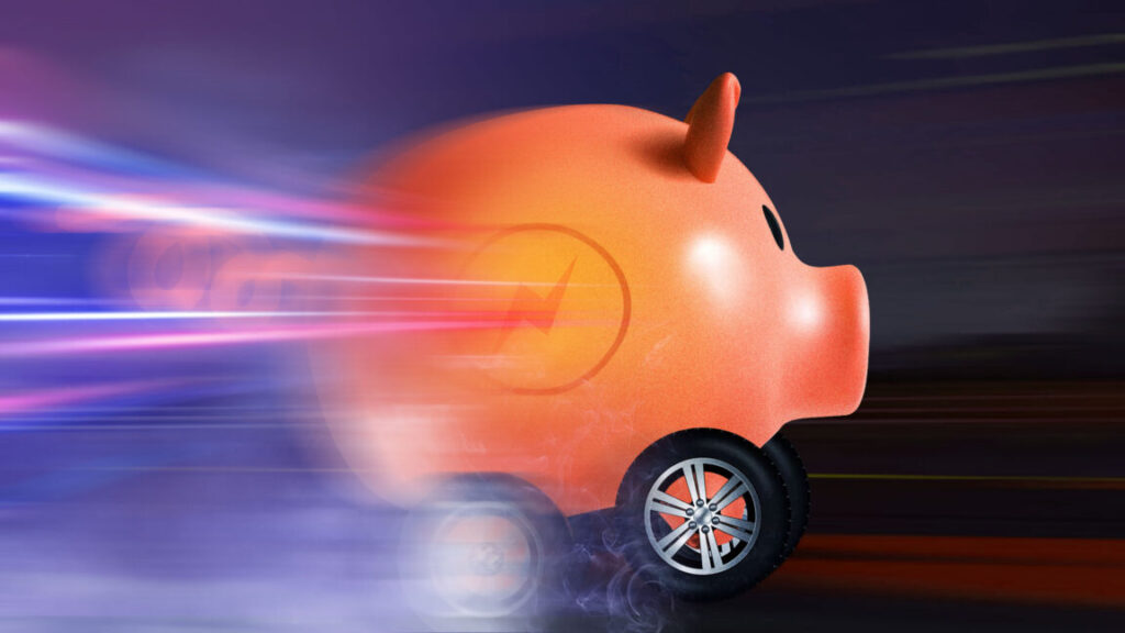A piggy bank on wheels go speeding