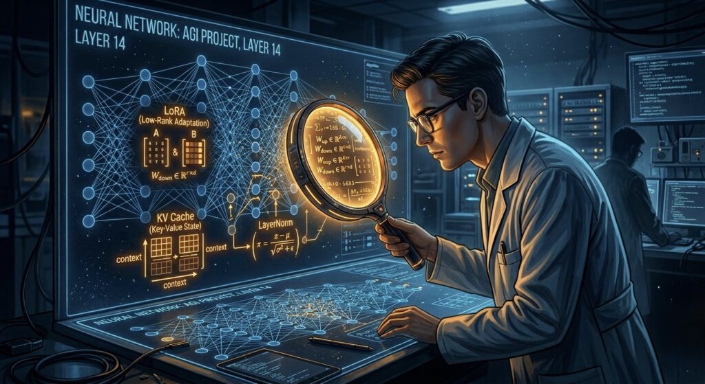 An AI generated image of a researcher discovering hidden patterns and equations inside a neural network, representing the non-obvious architectural details most tutorials skip. Visual discrepancies might be present.