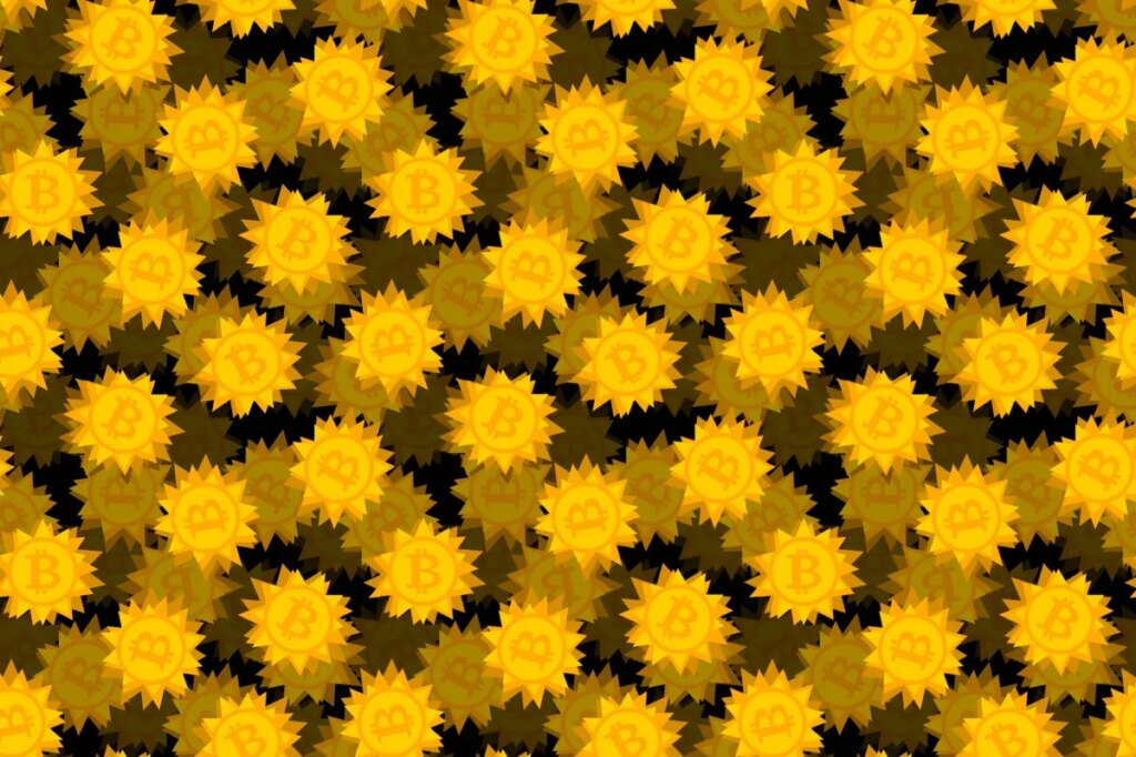 gold bitcoin logos featured on spiky-shaped coins on a darkened black background