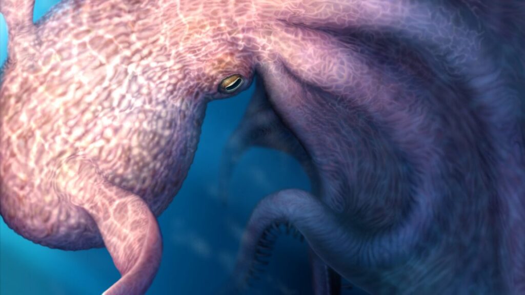 An artist's conception of a very bulky octopus with small fins on its mantle.