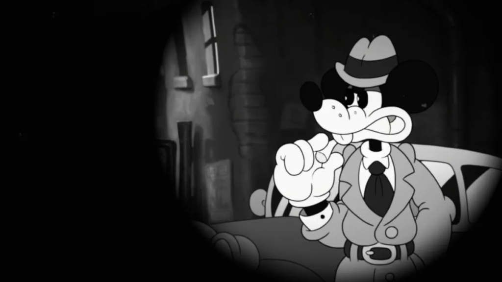 A cartoon mouse in a trench coat looks on as the screen vignette closes around him.