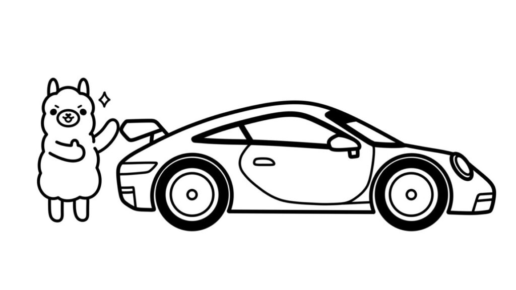 A cartoon llama stands next to a sports car