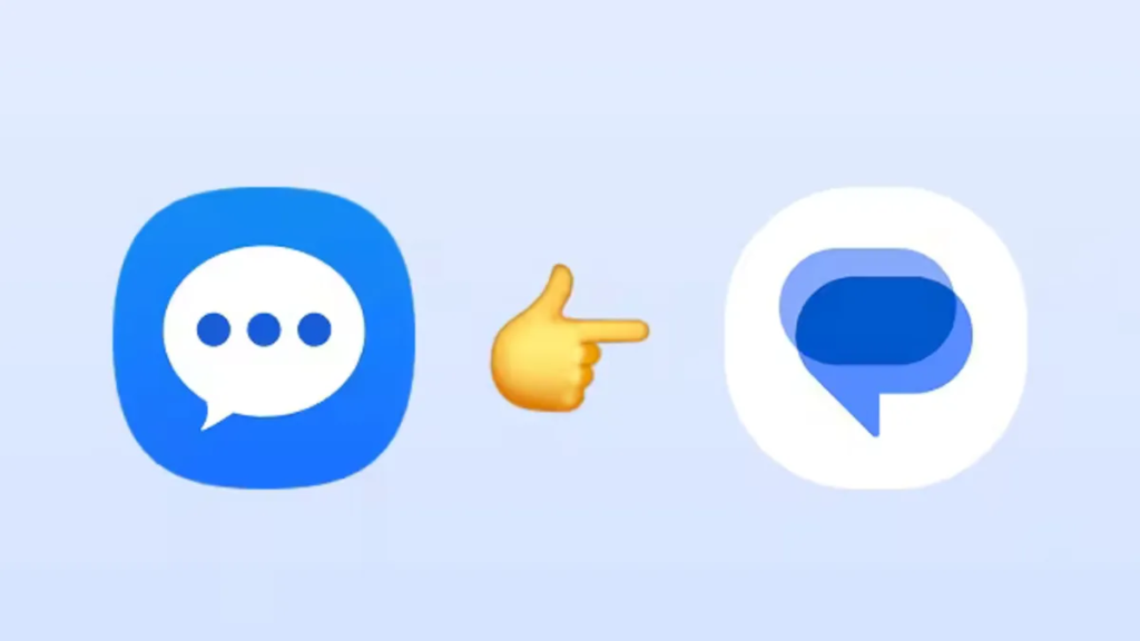 Two app icons, one for Samsung Messages, one for Google Messages with a hand pointing emoji pointing to the Google Messages icon.