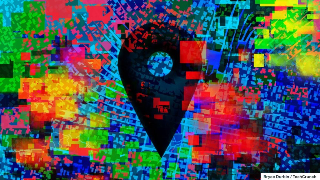 A multi-colored illustration location data scattered over a cityscape
