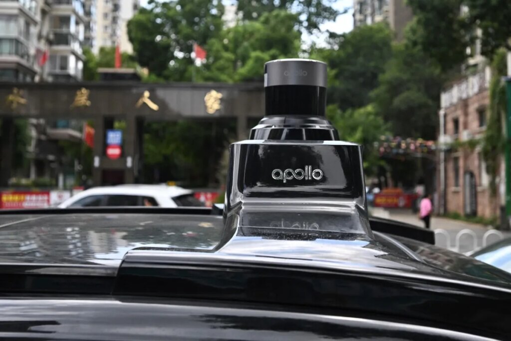 A sensor on the roof of a driverless robotaxi autonomous vehicle, developed as part of tech giant Baidu's Apollo Go self-driving project.