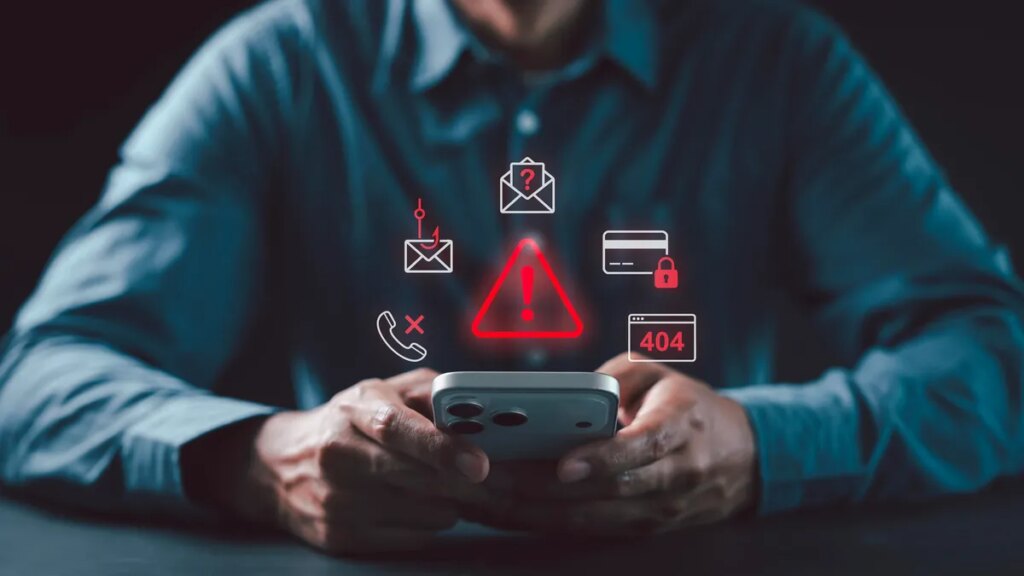 A person uses a smartphone while images of cyber threats are superimposed.