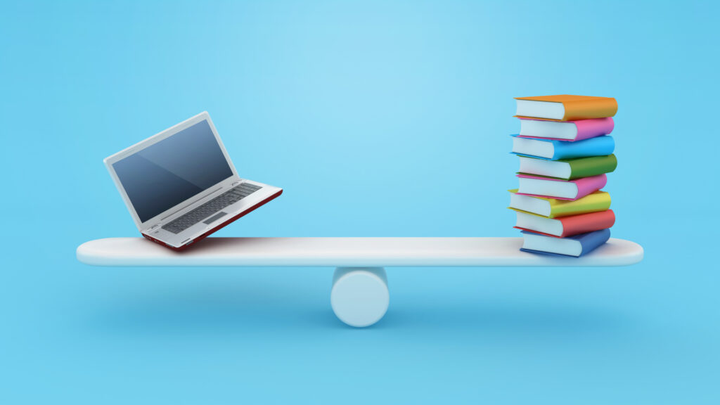 Books with Computer Laptop on Seesaw - Color Background - 3D Rendering