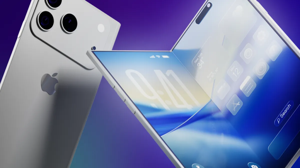 A render of a foldable iPhone: one on the left folded up as seen from the back with a signature three-lenses-in-a-triangle camera block, and on the right a partially unfolded iPhone.