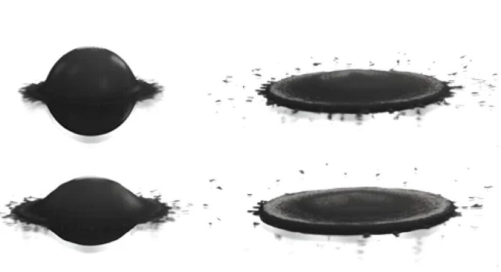 images of black viscous fluid (oobleck) showing different phases of platter behavior